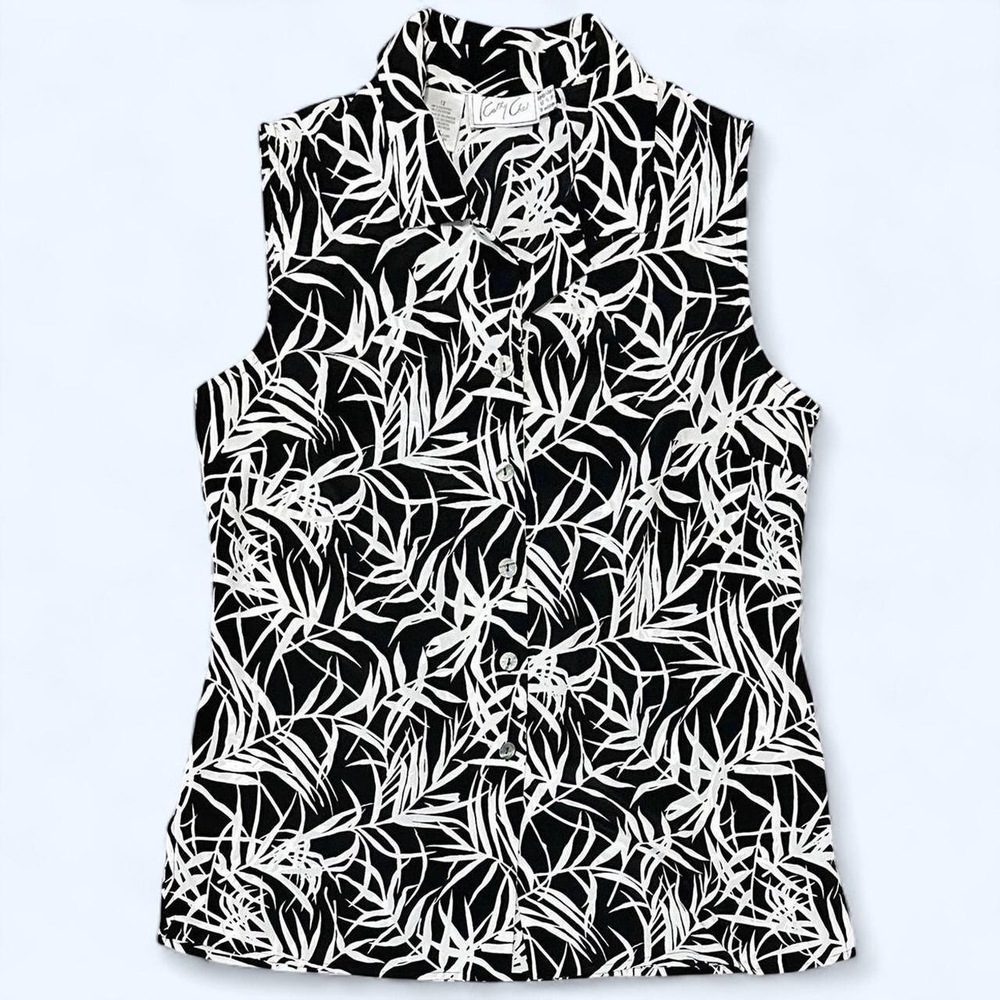 Kathy Che Black white leaf print blouse sleeveless top - Picture 3 of 8